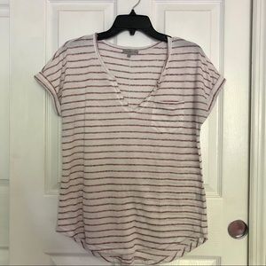White Pink/Red Striped T-Shirt V Neck